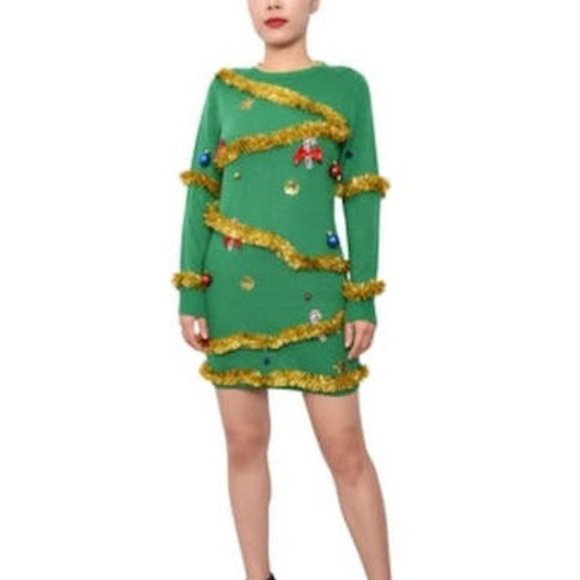 Planet Gold Juniors' Christmas Tree Sweater Dress - Green